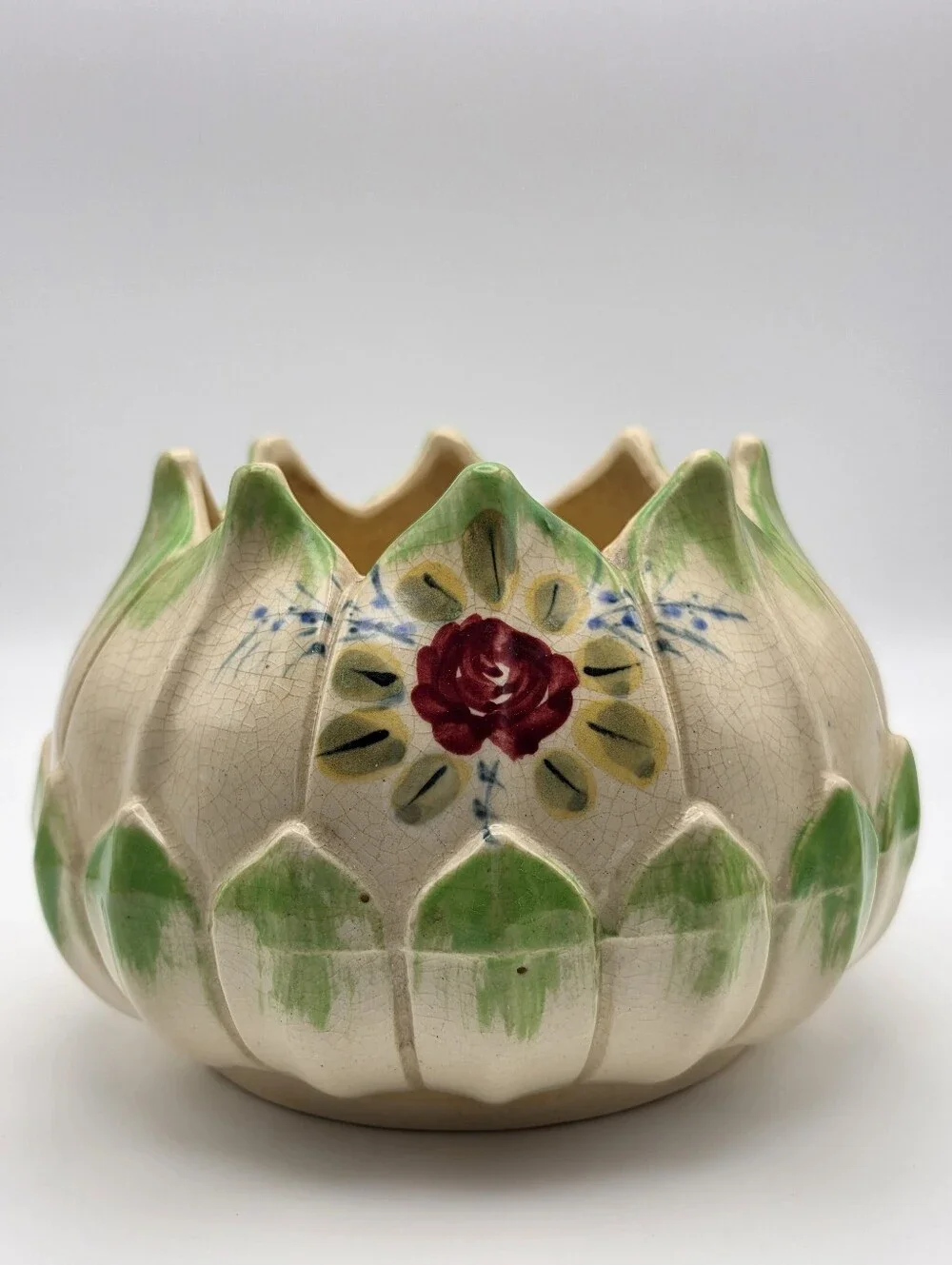 Vintage Mid-Century Japanese Majolica-Style Ceramic Lotus Flower Planter